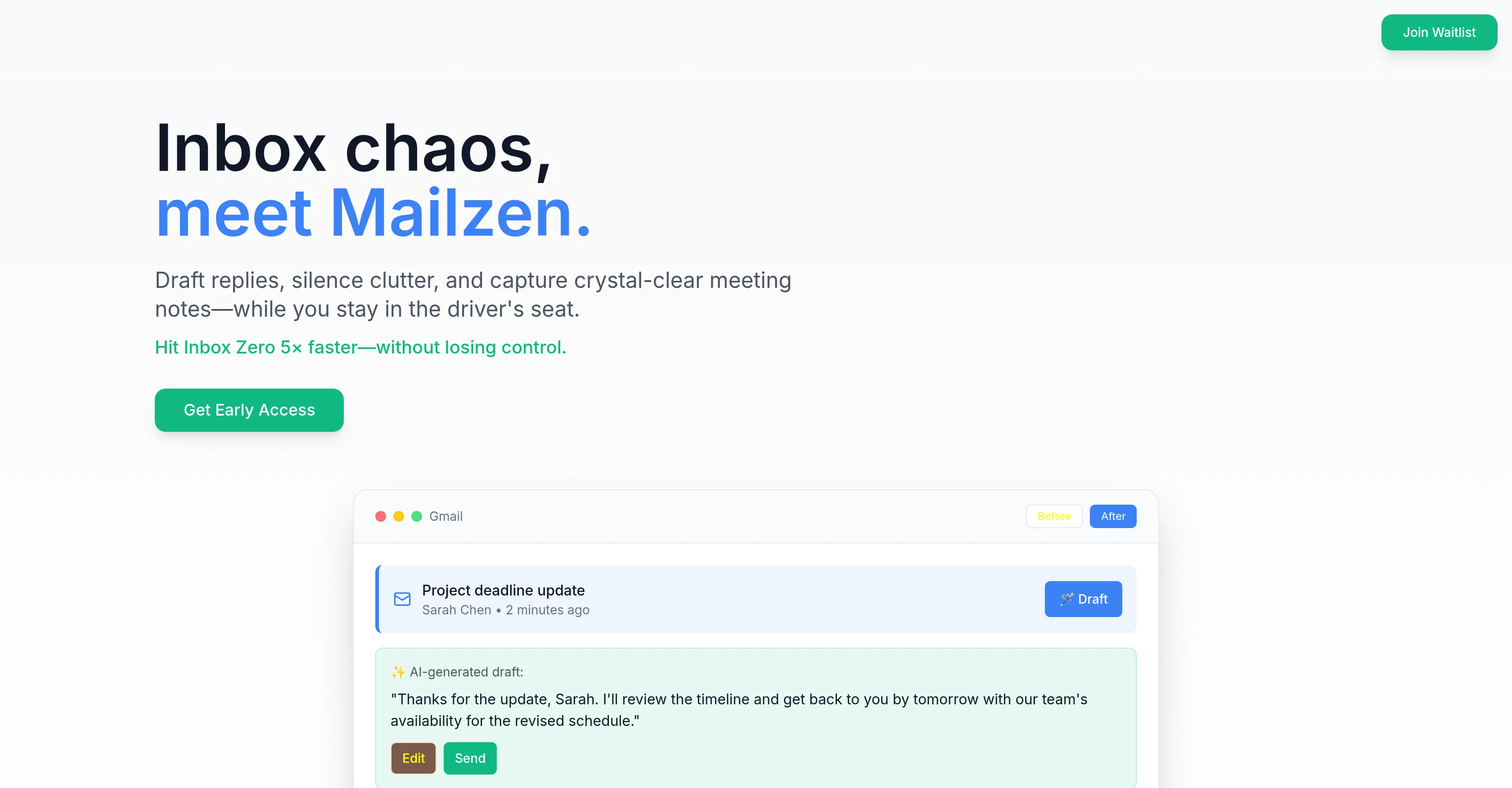 Mailzen.ai — Inbox Zen. Draft ✍️ Declutter 🗂️ Done. screenshot