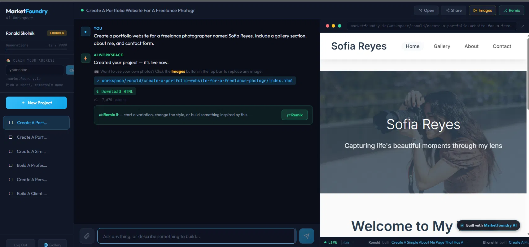 MarketFoundry AI Workspace screenshot