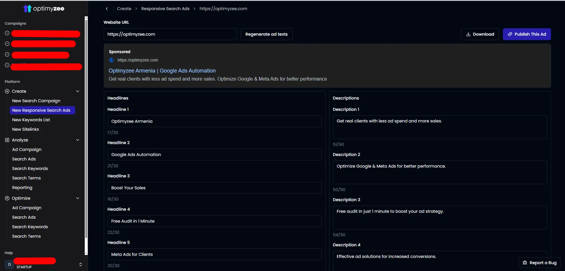 Optimyzee: AI-Powered Google Ads Optimization Tool screenshot
