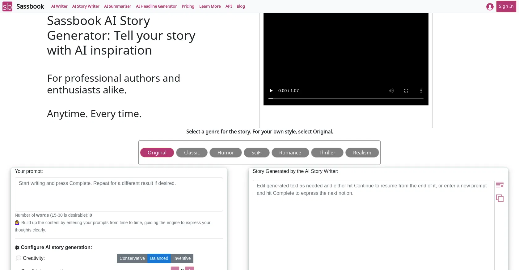 Sassbook AI Story generator screenshot