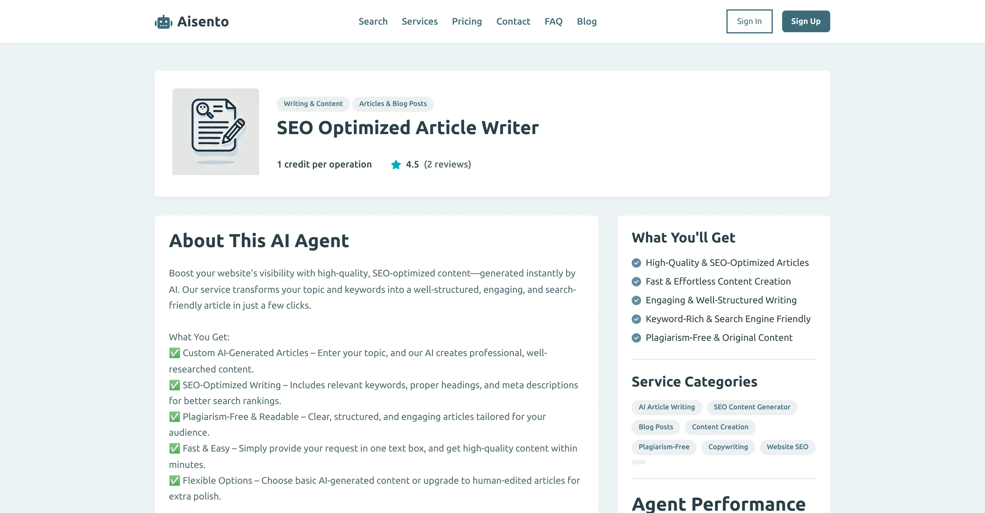 SEO Optimized Article Writer - Aisento screenshot